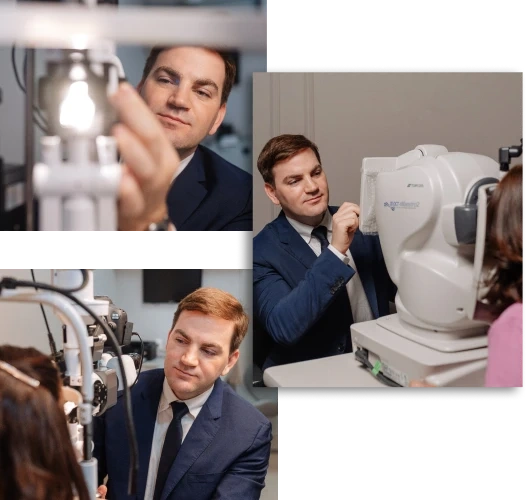 Dr. Daniel Guedes realizando exame oftalmológico de precisão no consultório